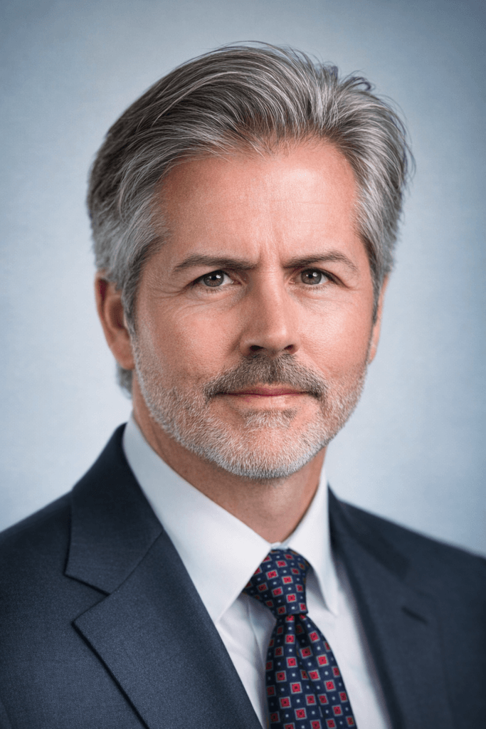 A middle-aged man with gray hair and beard, wearing a dark suit, white shirt, and patterned tie, poses for a professional headshot against a plain light background.